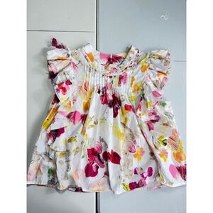 Fairhope Floral Ruffle Sleeve Top Pintuck Detail White Pink Yellow M